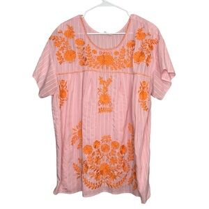 Layerz Clothing Womens Size 2XL Pink Striped Orange Embroidered Shirt Top